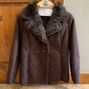 BODEN Brown Faux suede Fur Collar Jacket 6